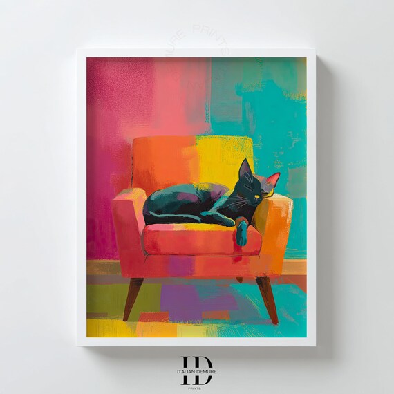 Black Cat On Orange Chair Wall Art Colorful Abstract Print Playful Feline Illustration Vibrant Modern Home Decor