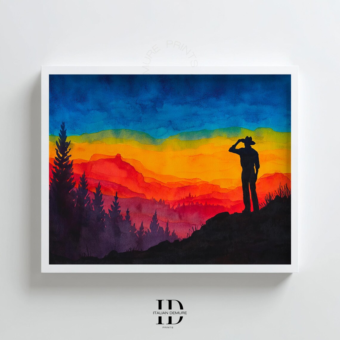 Cowboy Hilltop Sunset Layered Red Blue Mountain Watercolor Poster