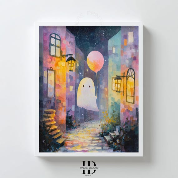 Whimsical Wall Art Cute With Balloon Pastel Night Alley Print Dreamy Halloween Decor Nursery Poster