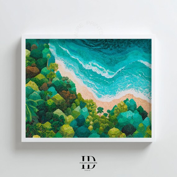 Aerial Tropical Beach Palm Trees Turquoise Waves Painterly Art Poster