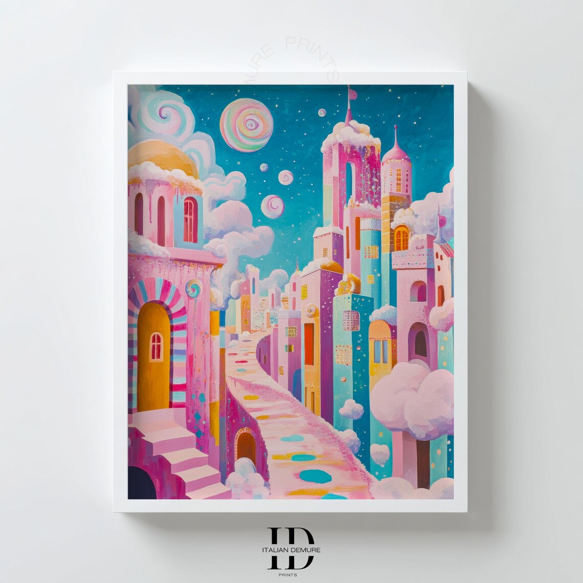Pastel Candy Fantasy City Dreamy Towers Cotton Clouds Magical Art Poster