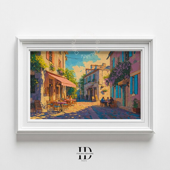 Sunny Mediterranean Street Cafe Village Scene Painting Poster