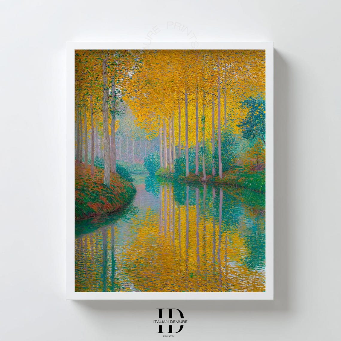 Golden Autumn Trees River Reflection Impressionist Landscape Print