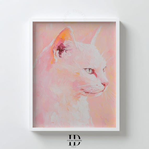 Pastel Pink and White Cat Portrait Oil Painting Style Poster