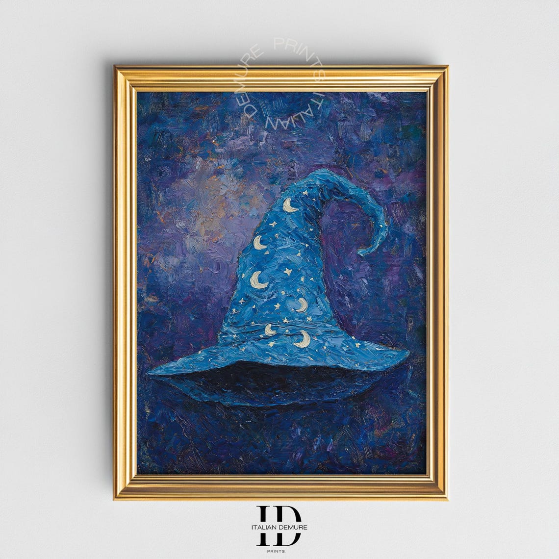 Magical Blue Wizard Hat Print Starry Moon Sorcerer Wall Art Enchanted Fantasy Painting Whimsical Witch