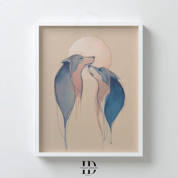 Wolf Couple Wall Art Romantic Moonlight Animal Abstract Blue Foxes Painting Minimalist Wilderness Decor