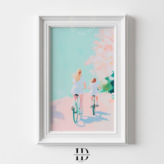 Mother And Daughter Bike Ride Print Impressionist Wall Art Mothers Day Gift Pastel Cycling Family Artwork