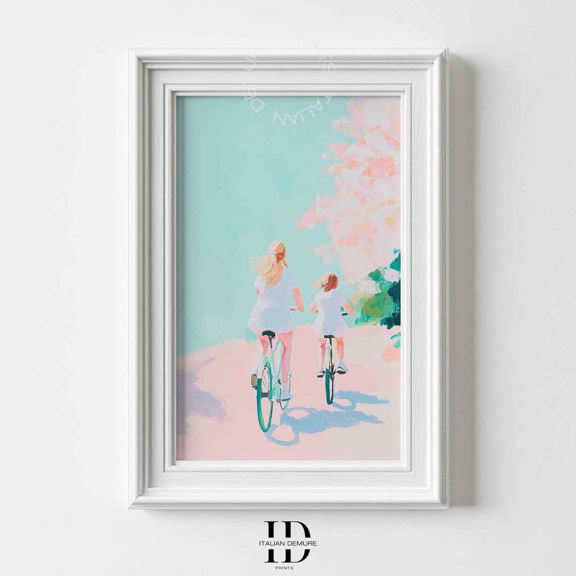 Mother And Daughter Bike Ride Pastel Painting Summer Cycling Art Poster