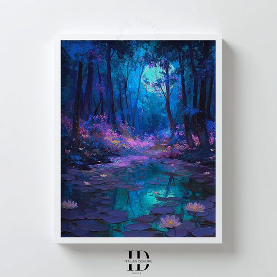 Enchanted Forest Wall Art Blue And Purple Landscape Print Mystical Pond Decor Nature Poster Moody Boho Room