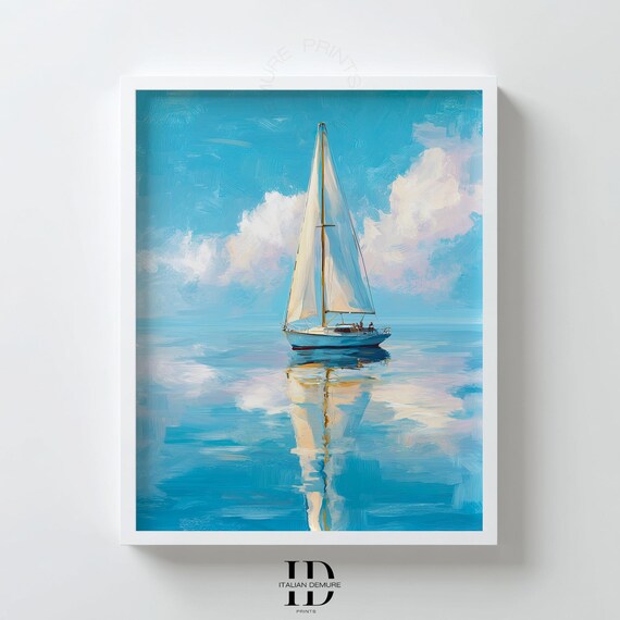 Sailboat on Calm Blue Sea Reflection Painterly Coastal Seascape Poster