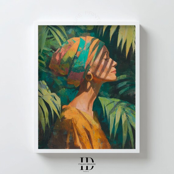 Tropical Woman in Colorful Headwrap Sunlit Jungle Portrait Poster
