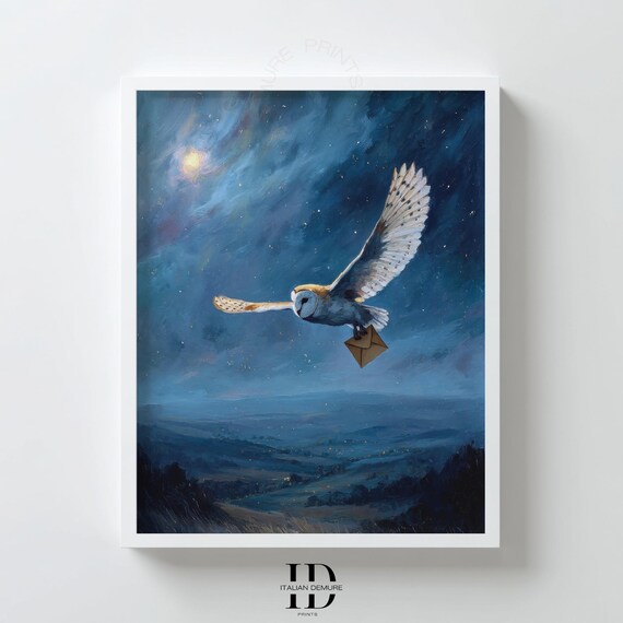 Barn Owl Night Sky Wall Art Mystical Animal Print Starry Landscape Painting Dark Blue Decor Fantasy Poster