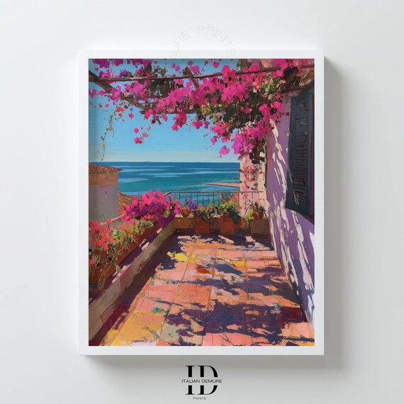 Mediterranean Terrace with Bougainvillea Overlooking Ocean Print