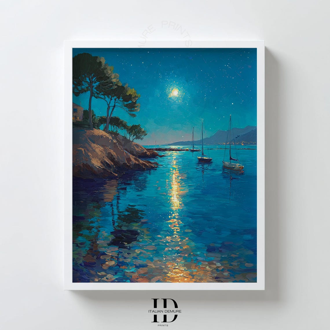 Mediterranean Moonlight Cove Sailboats Starry Night Seascape Poster