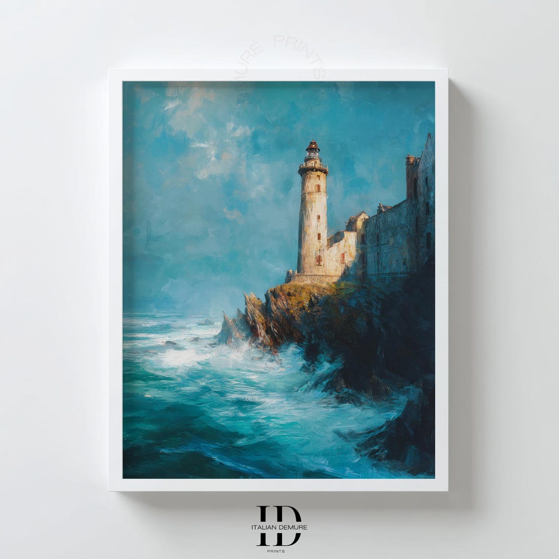 Lighthouse on Rocky Cliff with Crashing Waves Dramatic Seascape Poster