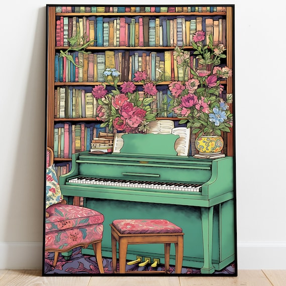 Vintage Green Piano Bookshelf Flowers Music Room Decor Poster