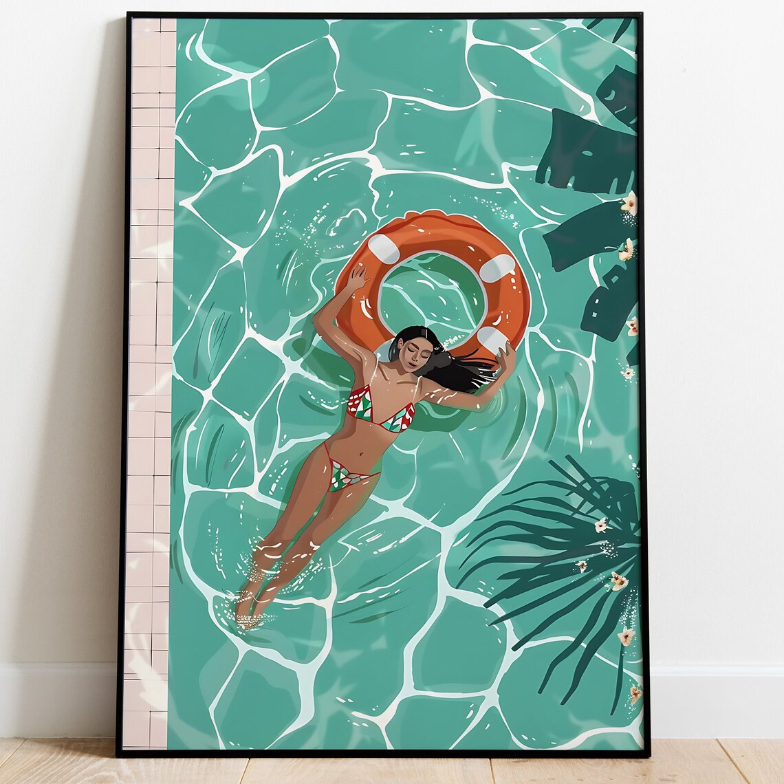 Woman Floating Pool Life Ring Aerial Summer Pool Party Poster