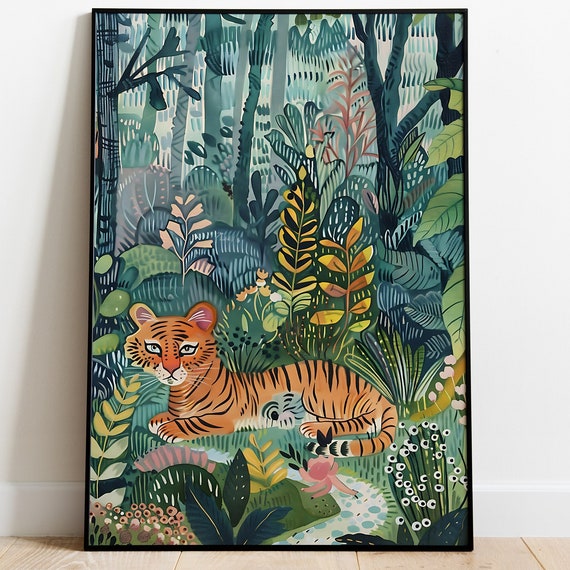 Tiger Resting in Lush Jungle Foliage Gouache Wildlife Poster