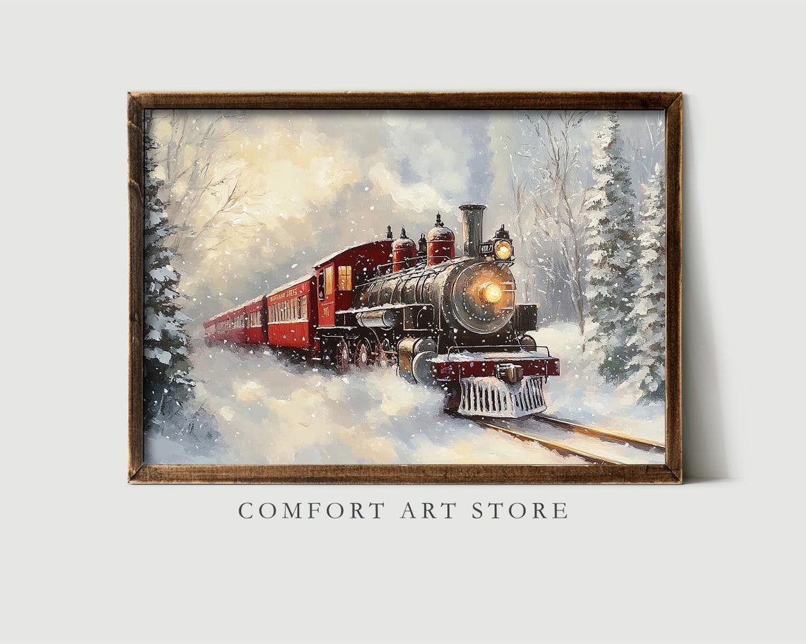 Vintage Red Steam Train Crossing Snow Covered Woods Wall Art - Image 2