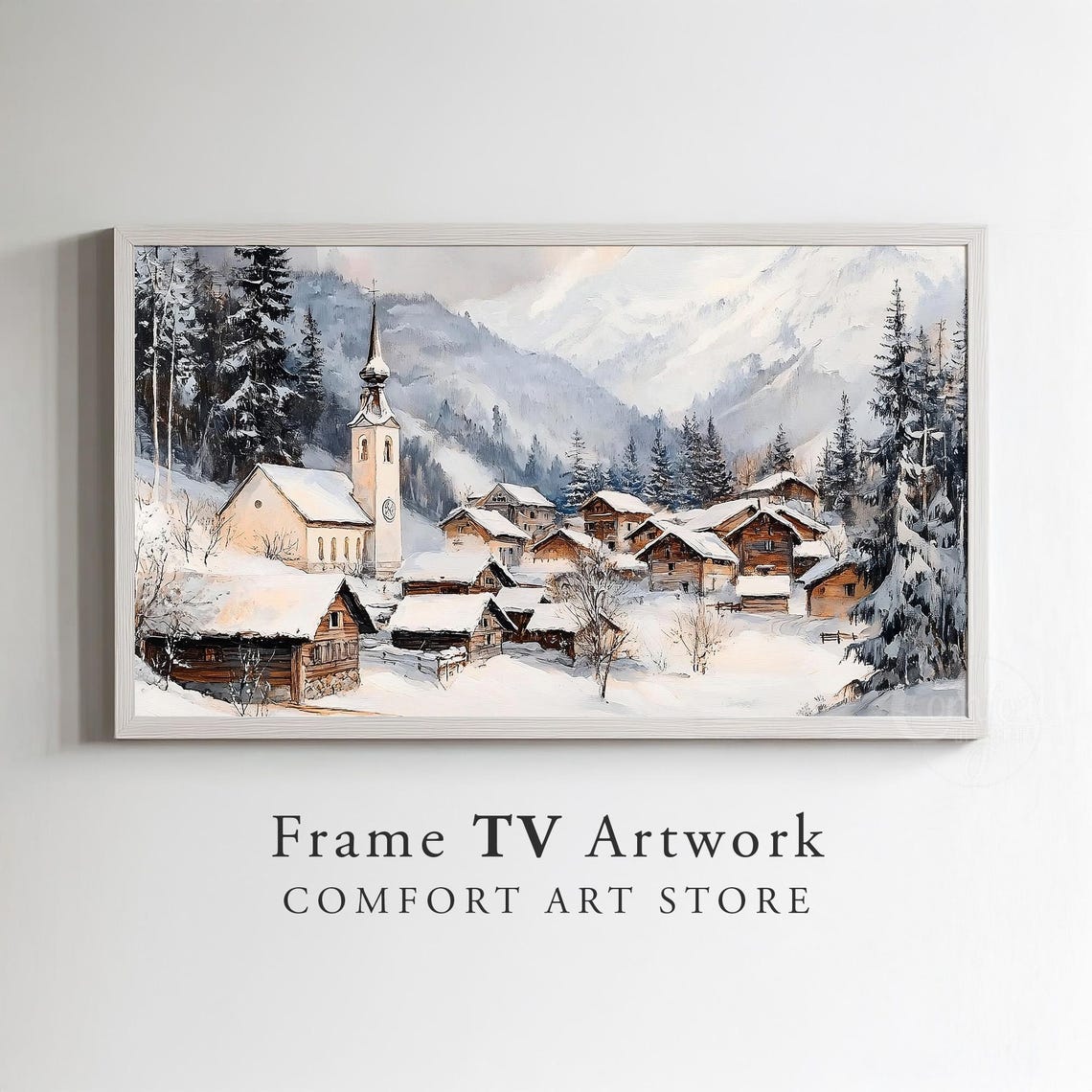 Alpine Winter Village With Clock Tower Church and Snowy Peaks Poster - Image 2