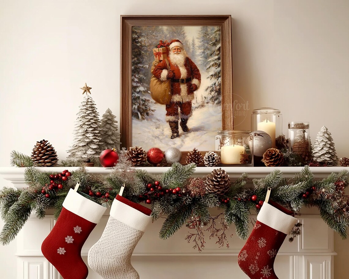 Santa Claus Carrying a Sack of Gifts Through Snowy Woods Poster - Image 7