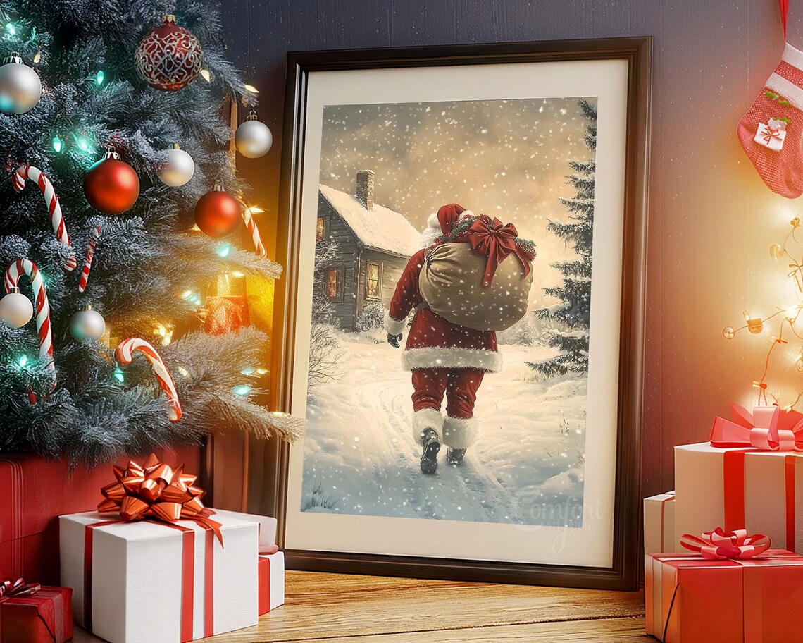 Santa Claus Print Vintage Christmas Wall Art Antique Santa Painting Winter Landscape Holiday Decor Christmas Gift Santa Wall Art - Image 5
