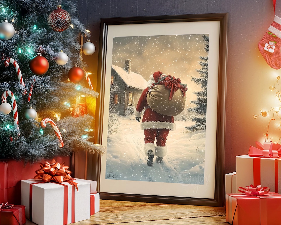 Santa Claus with Tied Gift Sack Walking to Lit House Wall Art - Image 5