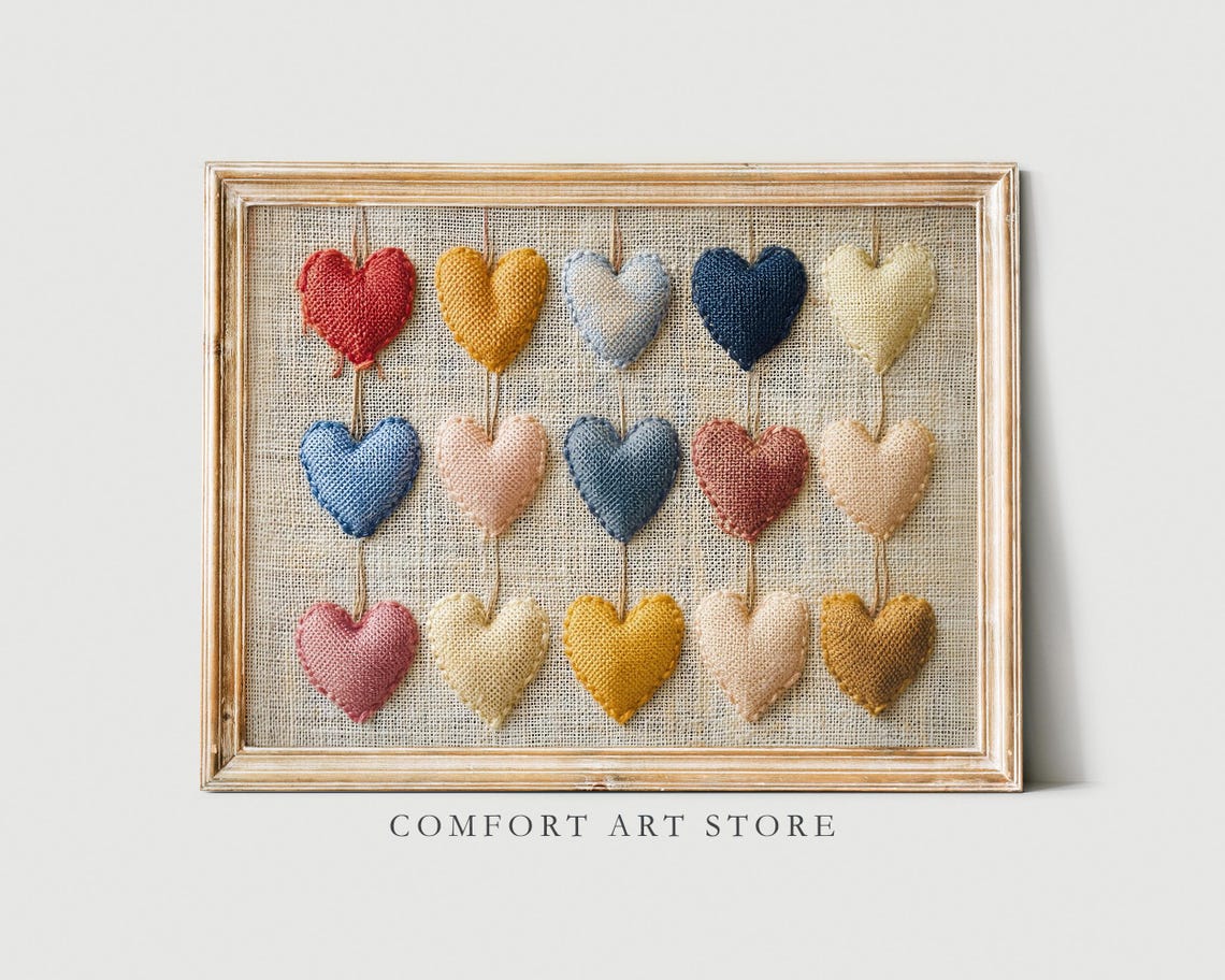 Stitched Fabric Hearts Burlap Farmhouse Rustic Valentine Wall Poster