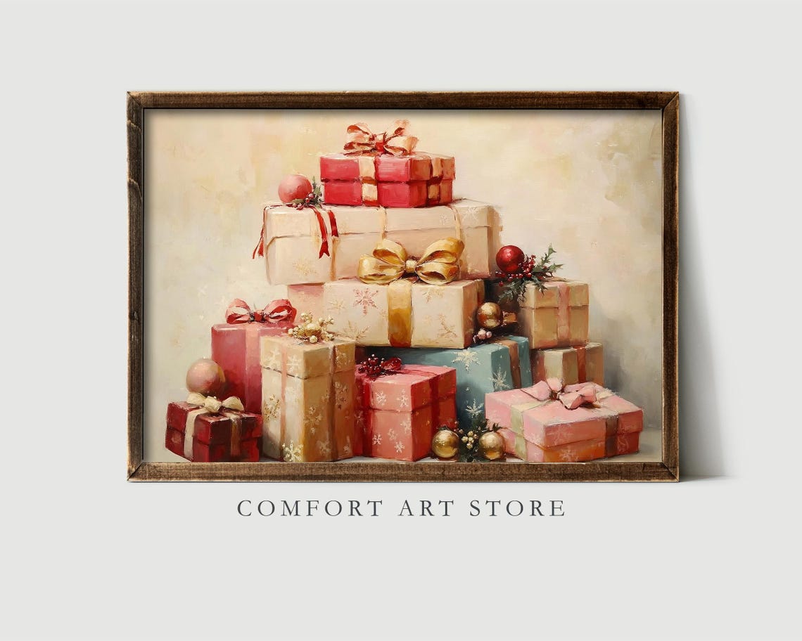 Elegant Pink and Gold Christmas Gift Stack with Bows Art Poster - Image 2