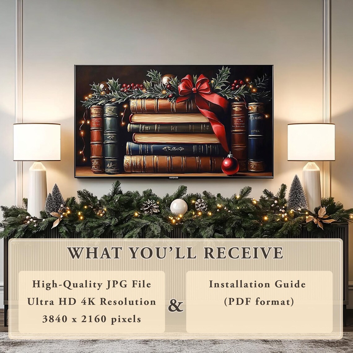 Vintage Christmas Books with Holly Bow Holiday Mantel Art Poster - Image 7