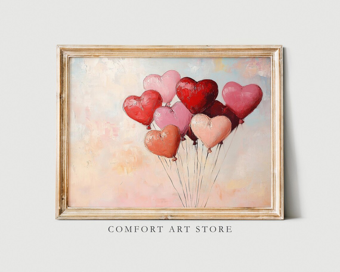 Valentine Red Pink Heart Balloons Bouquet Oil Painting Romantic Poster