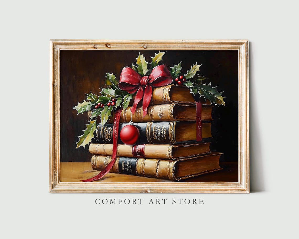 Classic Antique Book Stack with Red Bow and Holly Christmas Poster