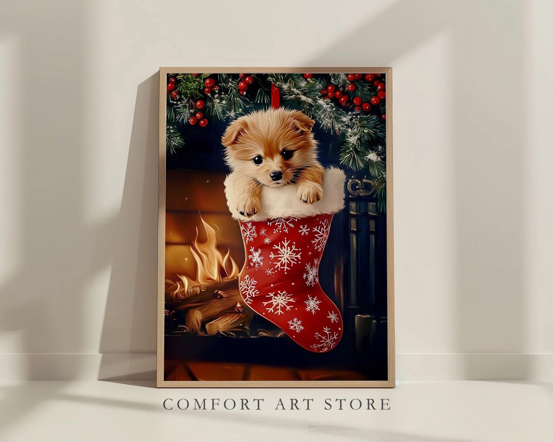 Adorable Puppy Peeking from Christmas Stocking by Fireplace Poster - Image 8