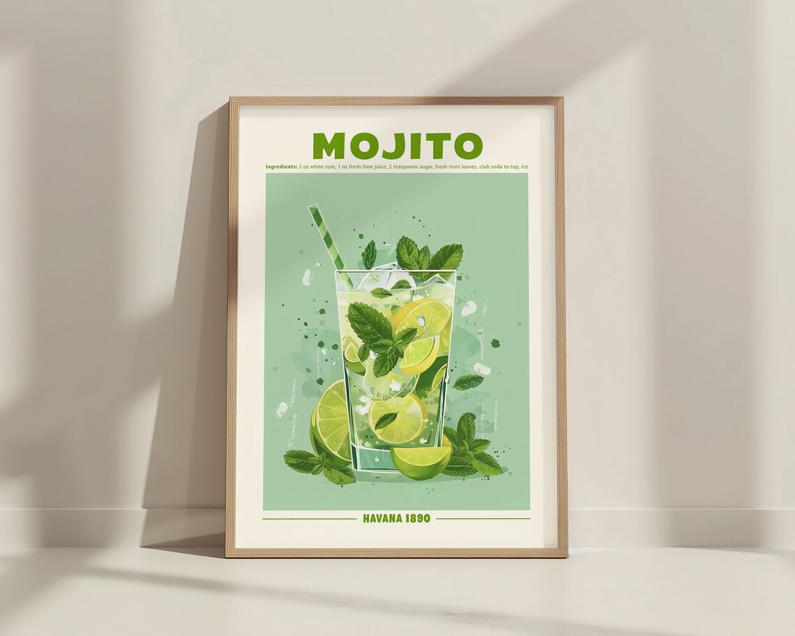 Mojito Cocktail Retro Exhibition Poster, Bar Decor