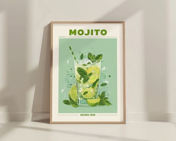 Mojito Cocktail Retro Exhibition Poster, Bar Decor