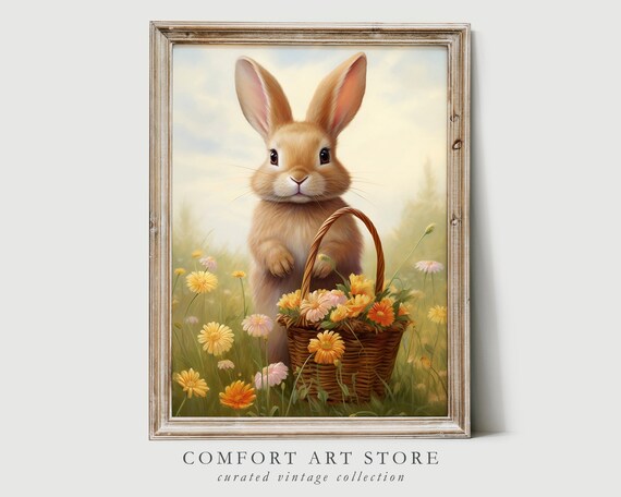 Cute Easter Bunny Spring Print Floral Easter Basket Easter Rabbit Easter Vintage Decor Wildflower Easter Farmhouse Wall Art