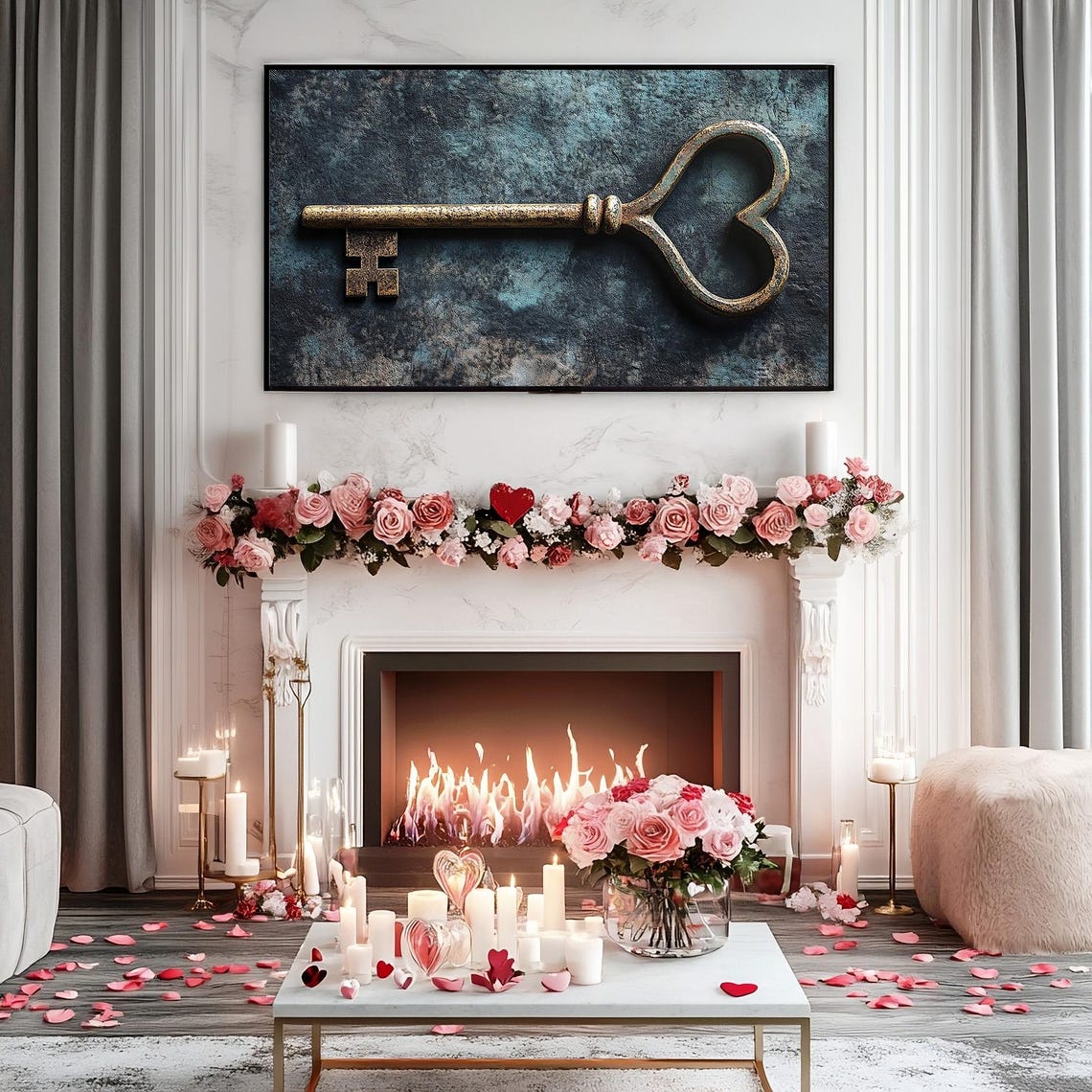 Antique Heart Key Rustic Blue Frame TV Art Moody Romantic Poster - Image 2