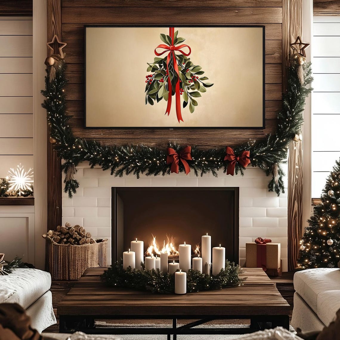 Christmas Mistletoe With Red Bow on a Warm Beige Vintage Poster - Image 7