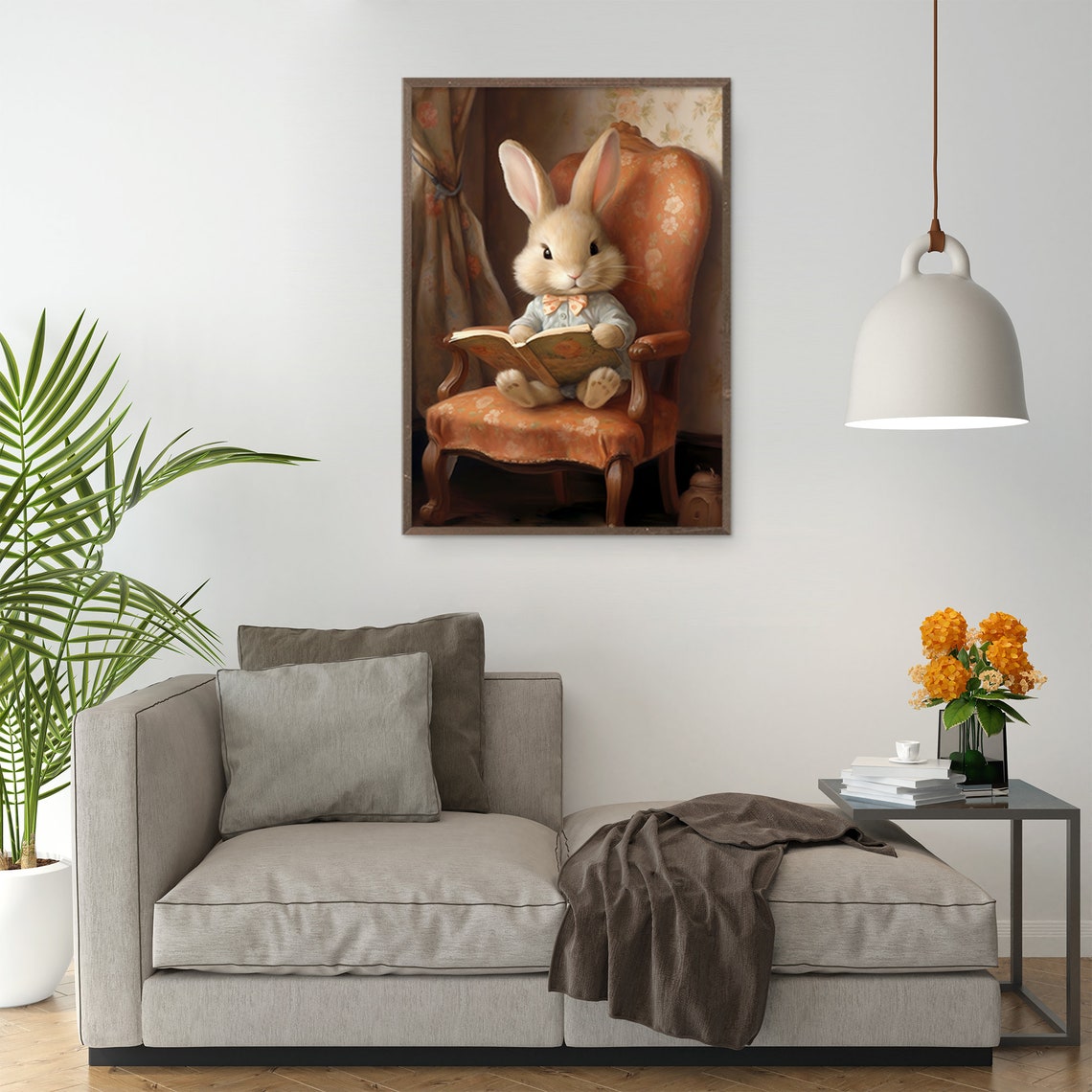 Adorable Bunny Rabbit Reading Book in Vintage Armchair Poster - Image 4