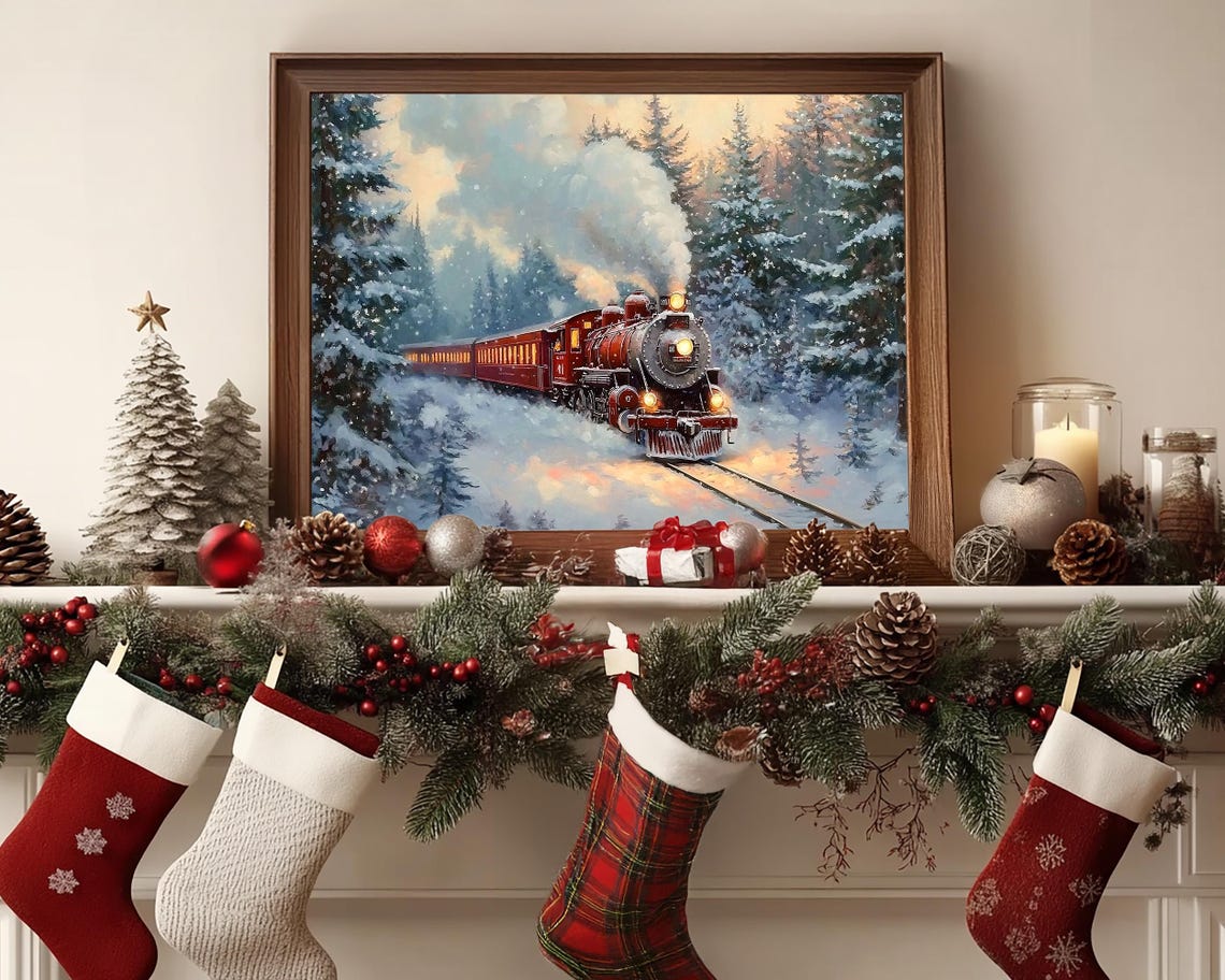 Red Steam Train Chugging Through Snowy Winter Evergreens Wall Art - Image 4