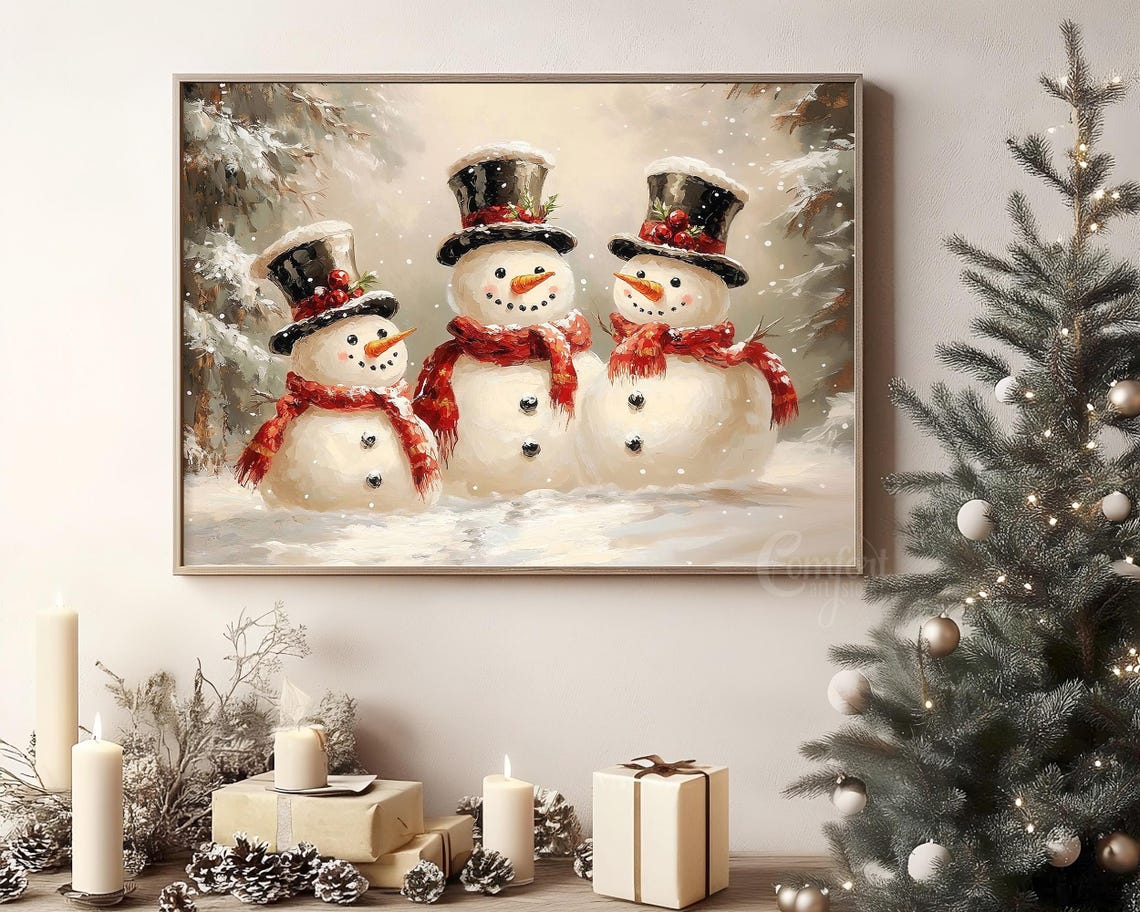 Vintage Christmas Snowman Print Christmas Wall Art Winter Holiday Antique Christmas Snowman Family Painting Snowman Wall Art Christmas Decor - Image 8