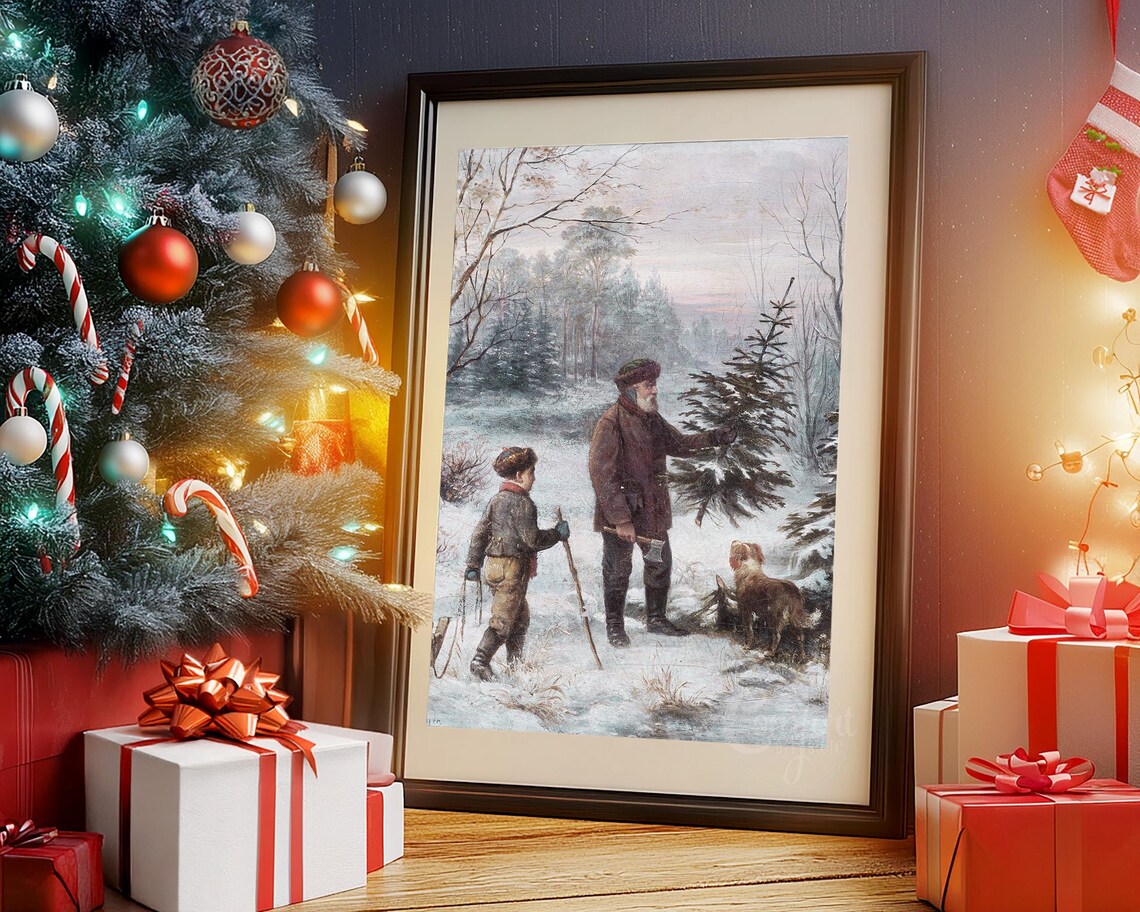 Vintage Painting of Father and Son Cutting Christmas Tree Wall Art - Image 6