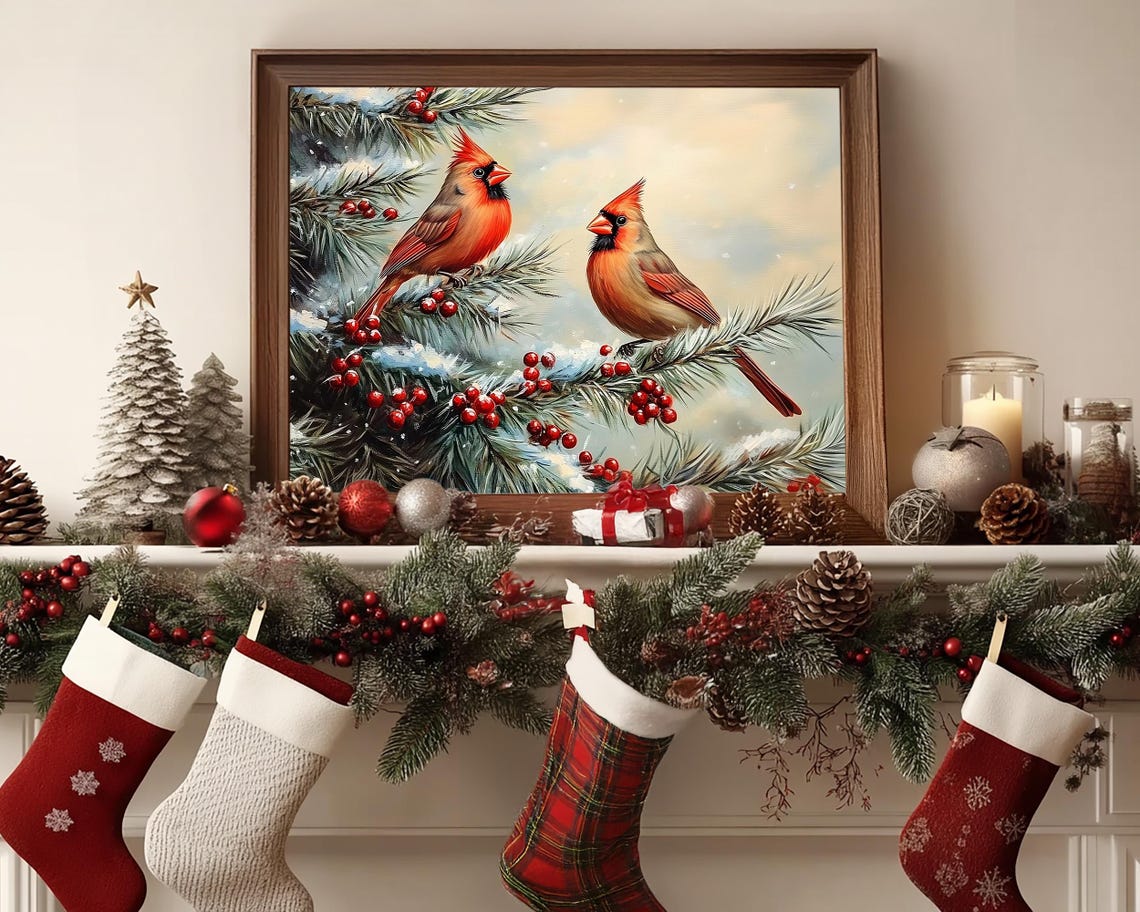 Pair of Red Cardinals on Snowy Pine Branch Winter Bird Wall Art - Image 2
