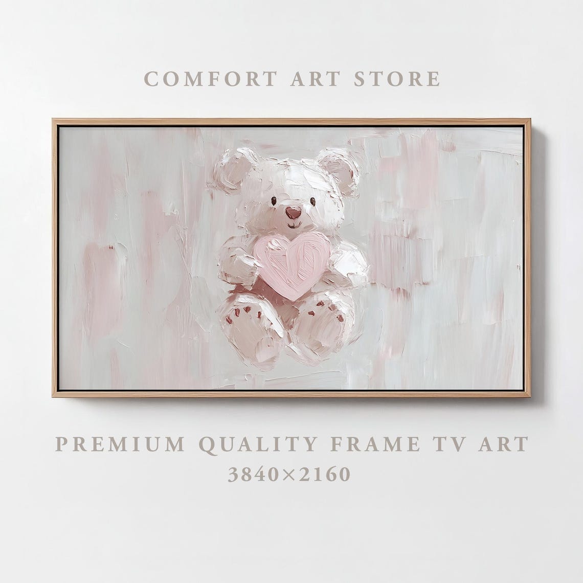 Valentine White Teddy Bear Holding Pink Heart Impasto Nursery Poster