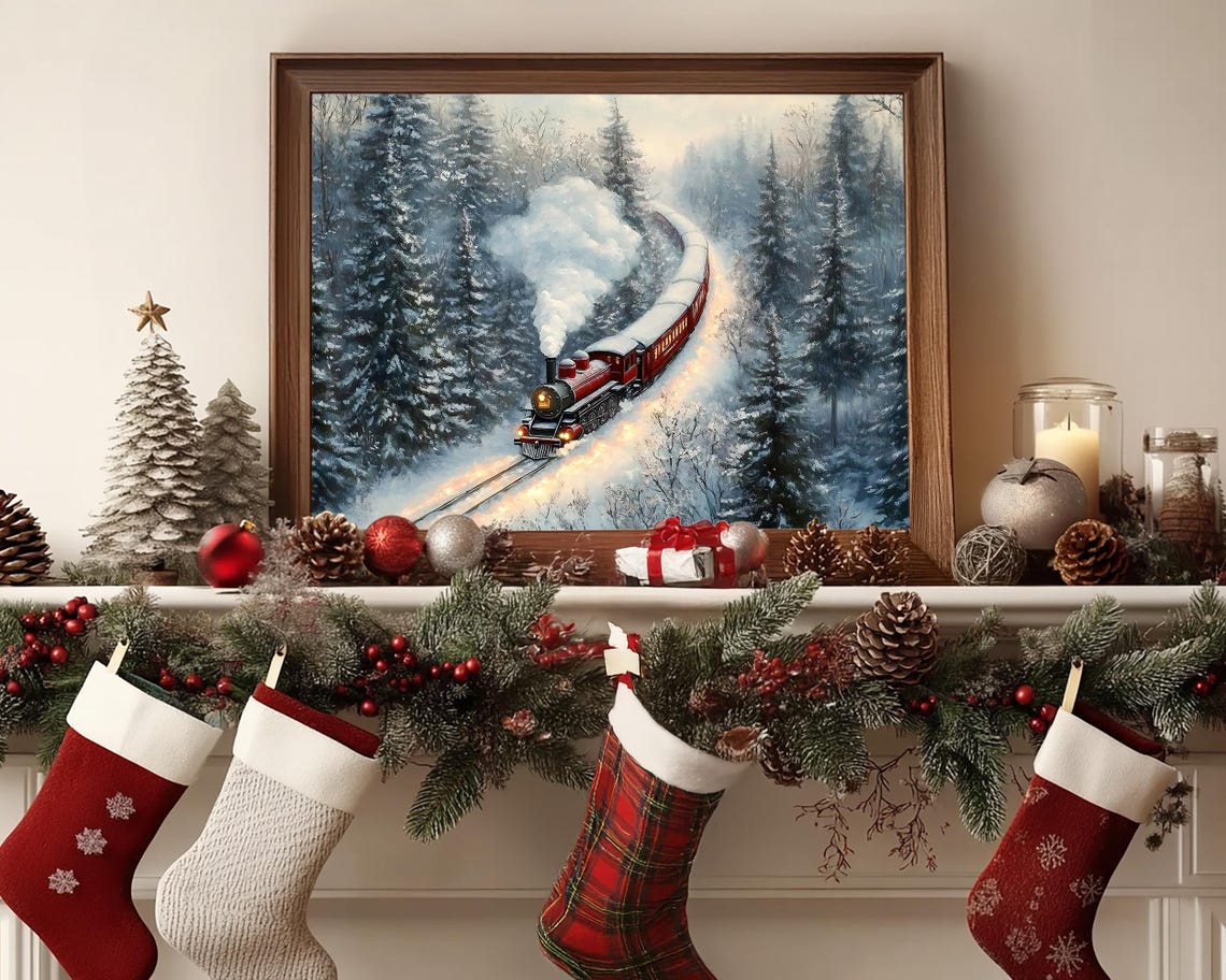 Classic Vintage Red Steam Train in Snowy Pine Forest Art Poster - Image 4