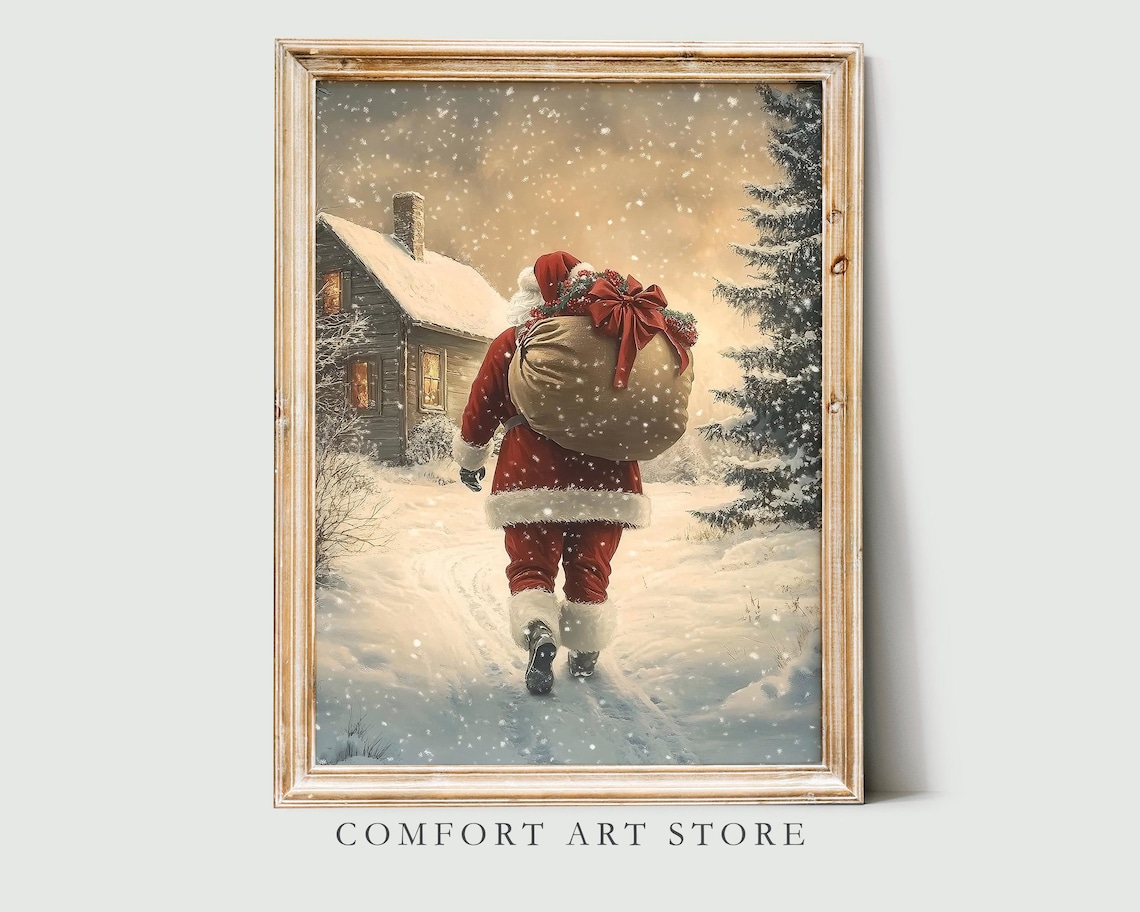 Santa Claus Print Vintage Christmas Wall Art Antique Santa Painting Winter Landscape Holiday Decor Christmas Gift Santa Wall Art