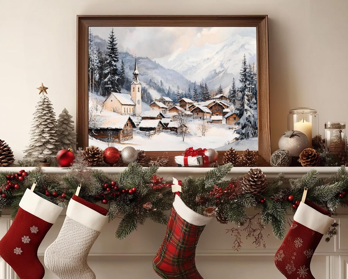 Snowy Alpine Village with Church and Mountains Winter Poster - Image 5