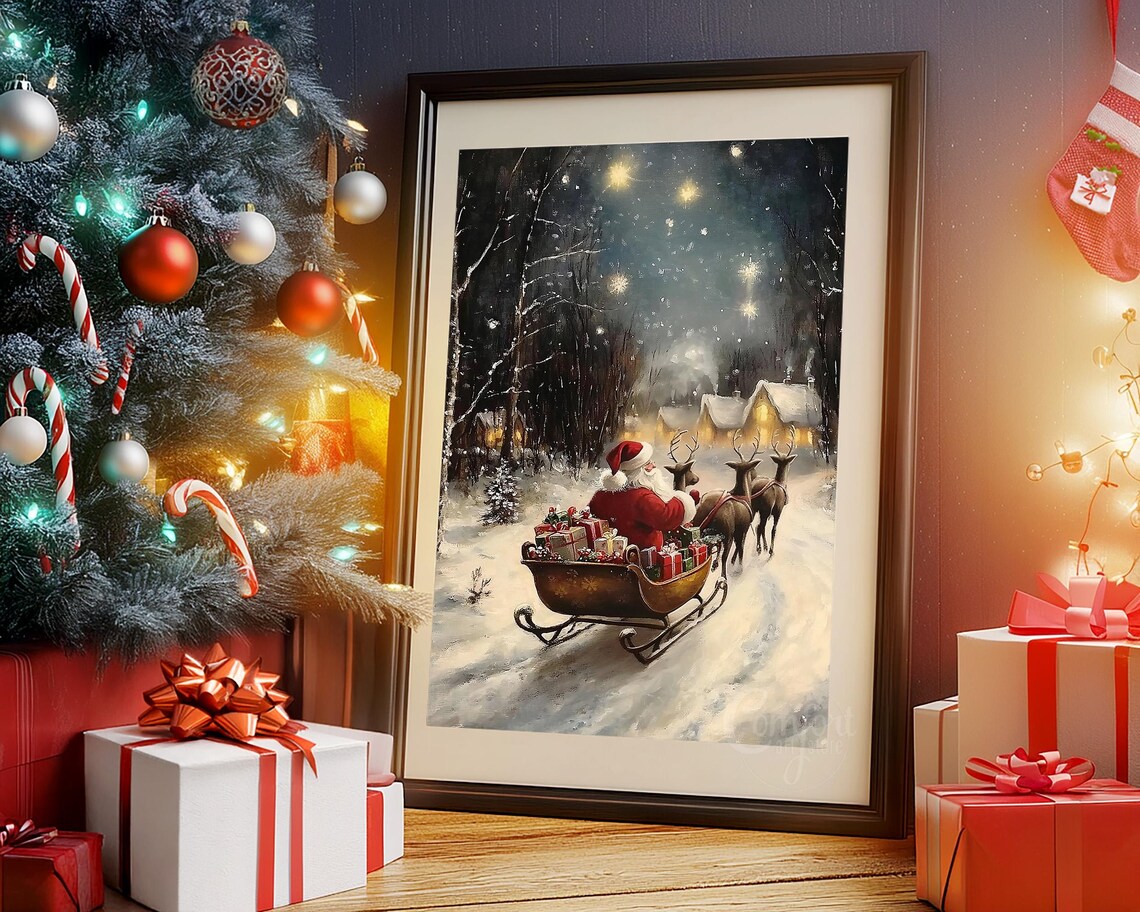 Santa Claus Sleigh Reindeer Snowy Village Starry Night Classic Poster - Image 3