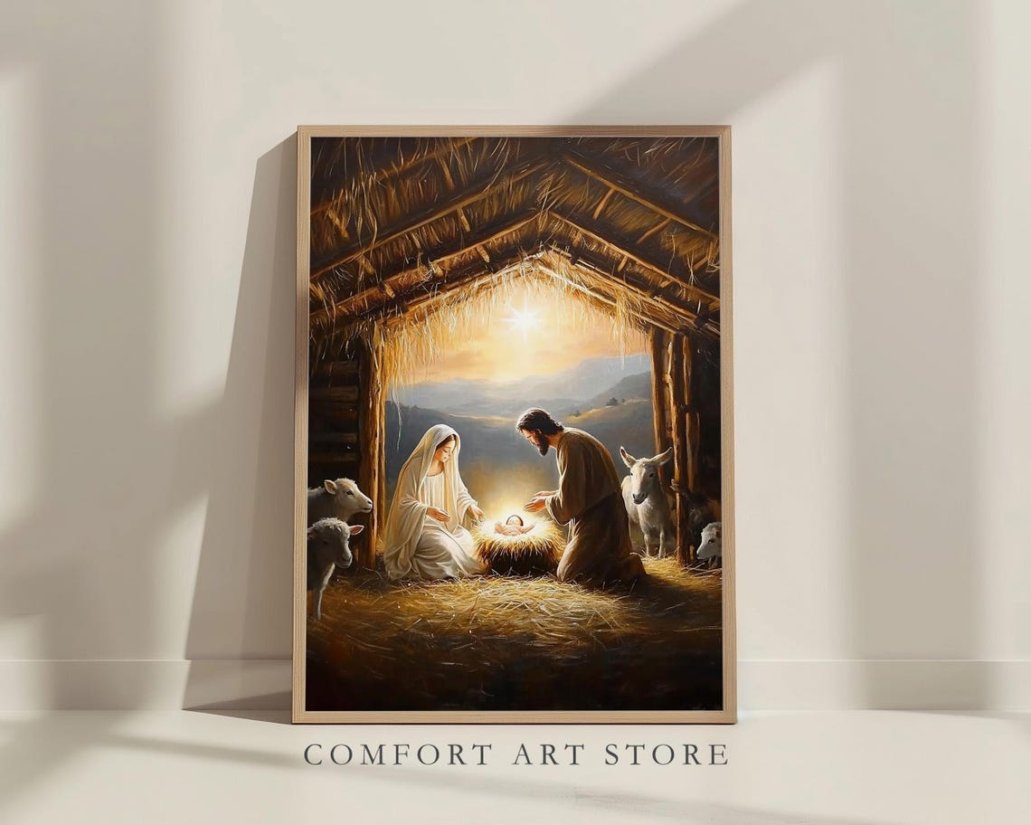 Vintage Nativity Scene Mary Joseph Baby Jesus Manger Christmas Poster - Image 5