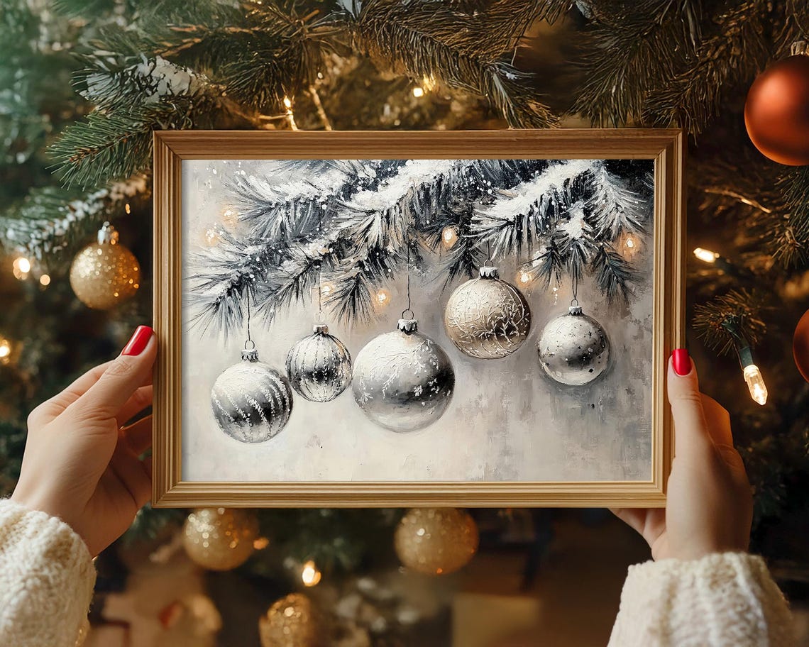 Shimmering Silver Mercury Glass Ornaments Snowy Pine Branch Poster - Image 4